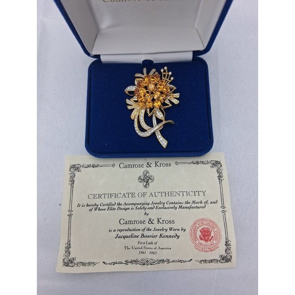 Camrose & Kross JBK Jackie Kennedy Amber Crystal Flower Bouquet Brooch Pin COA - Picture 2 of 13